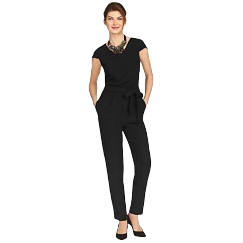 Talbots Black Short-Sleeve Tie-Waist Jumpsuit